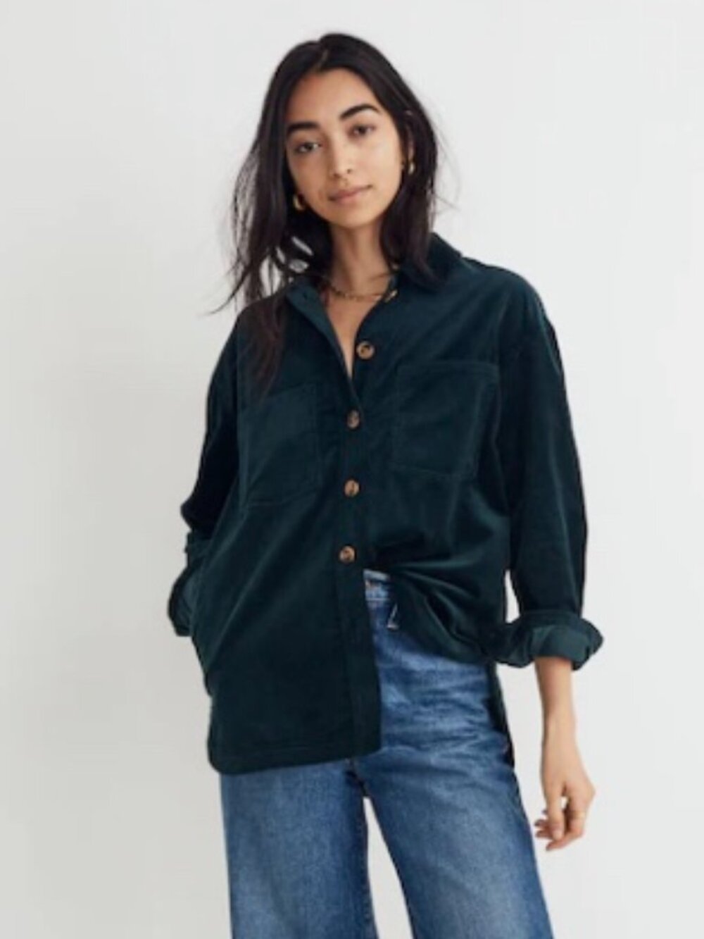 Madewell Corduroy Kentwood Oversized Shirt Jacket in Ancient Forest Green